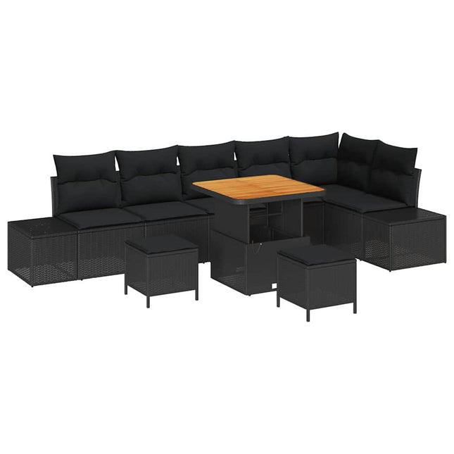 Havesofa Sæt med pude med opbevaring 9 pcs Sort Poly rattan