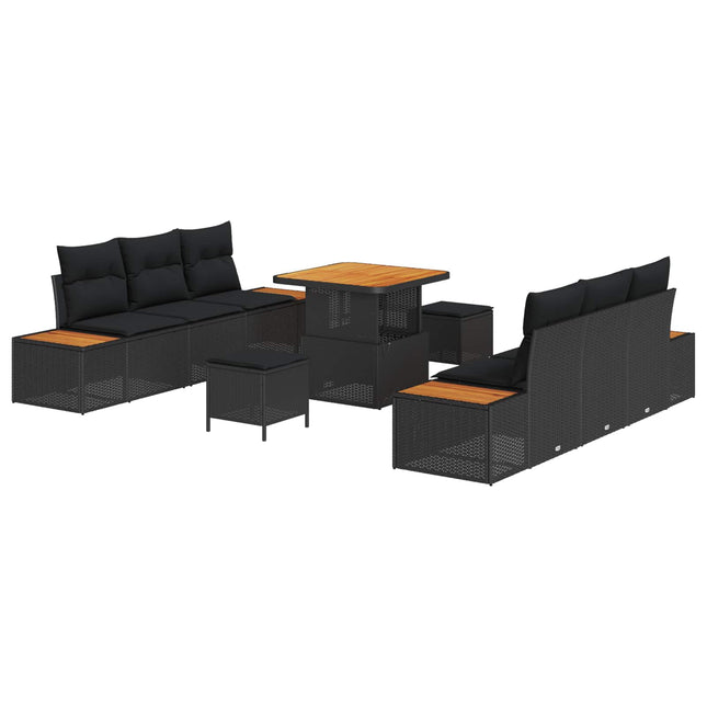 Havesofa Sæt med pude med opbevaring 9 pcs Sort Poly rattan