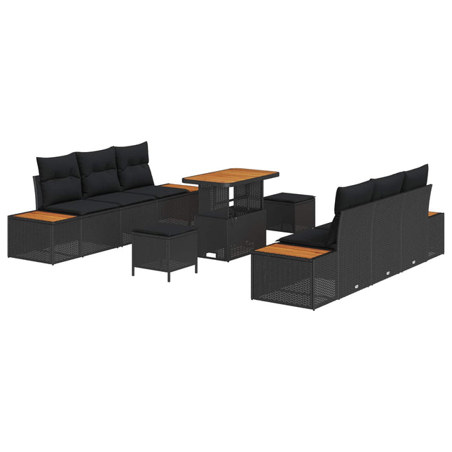 Havesofa Sæt med pude med opbevaring 9 pcs Sort Poly rattan