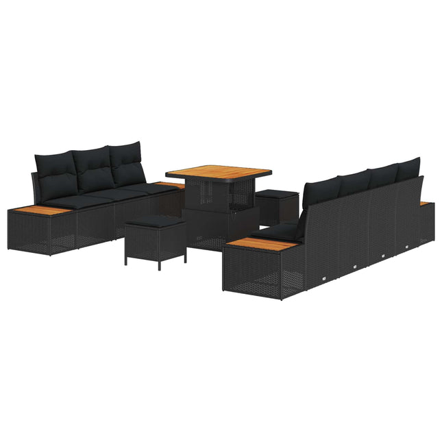 Havesofa Sæt med pude med opbevaring 10 pcs Sort Poly rattan