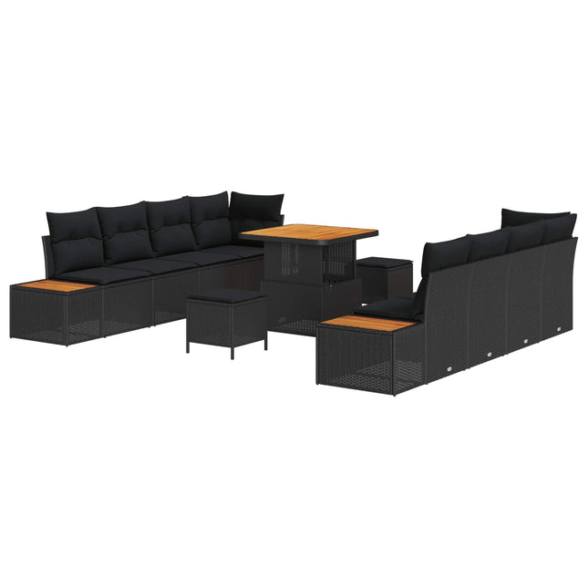 Havesofa Sæt med pude med opbevaring 11 pcs Sort Poly rattan