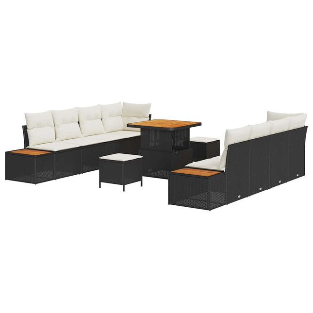 Havesofa Sæt med pude med opbevaring 11 pcs Sort Poly rattan