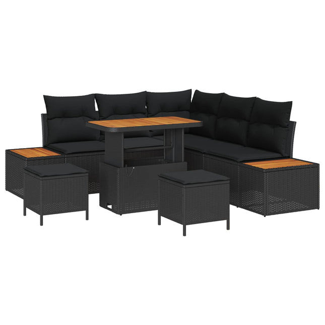 Havesofa Sæt med pude med opbevaring 8 pcs Sort Poly rattan