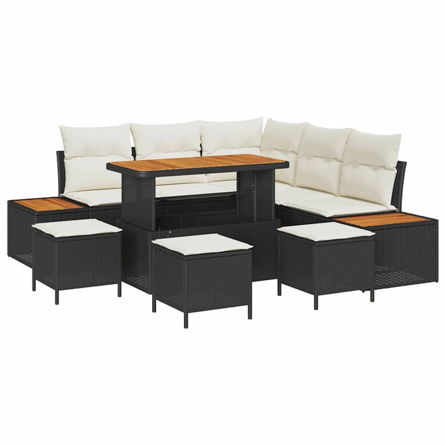 Havesofa Sæt med pude med opbevaring 9 pcs Sort Poly rattan