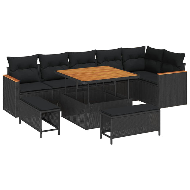 Havesofa Sæt med pude 9 pcs Sort Poly rattan