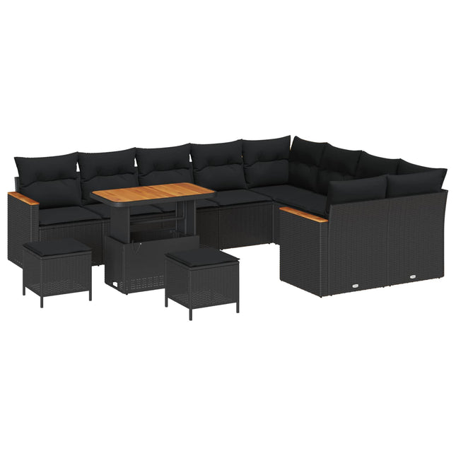 Havesofa Sæt med pude med opbevaring 12 pcs Sort Poly Rattan