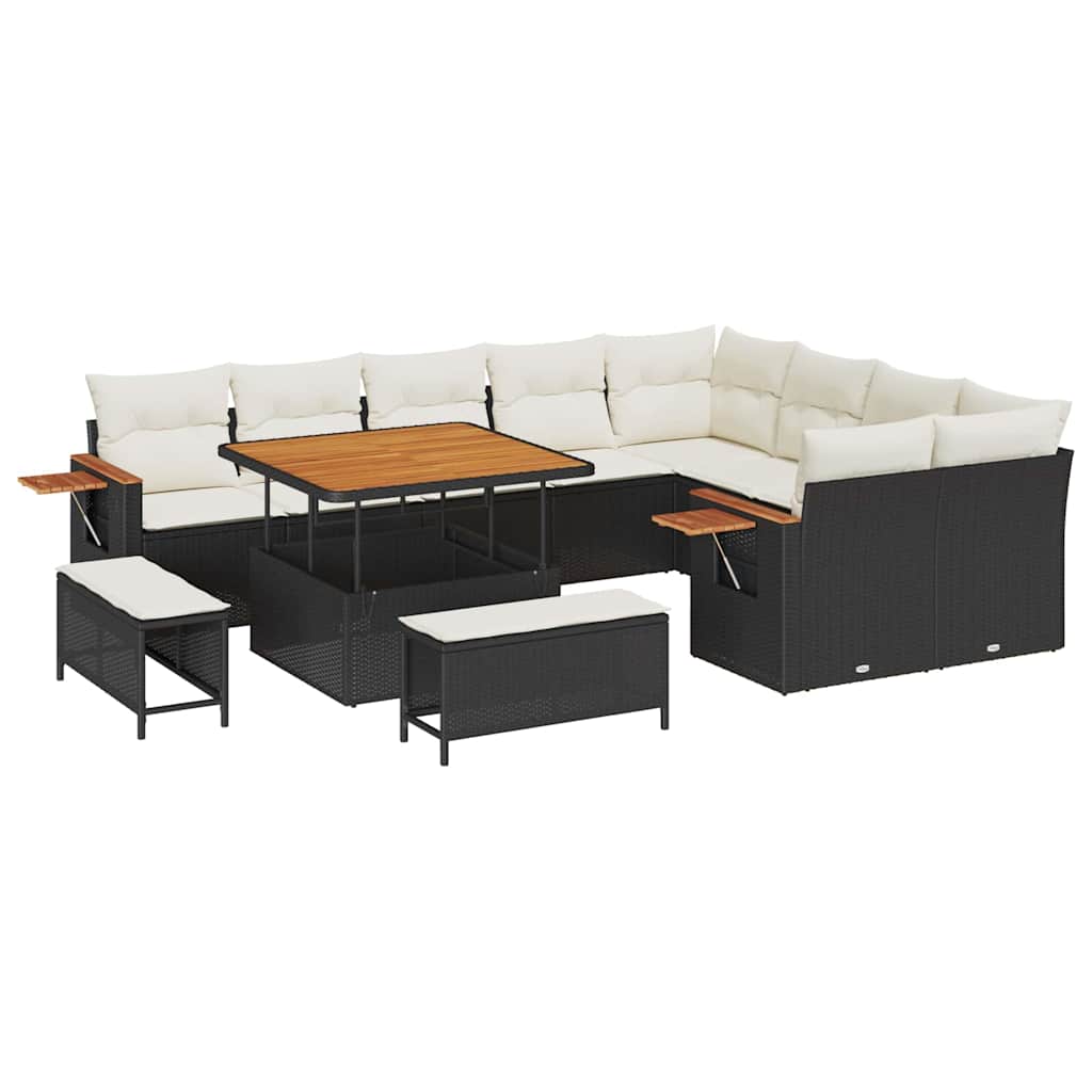Havesofa Sæt med pude 13 pcs Sort og Cream polyrattan