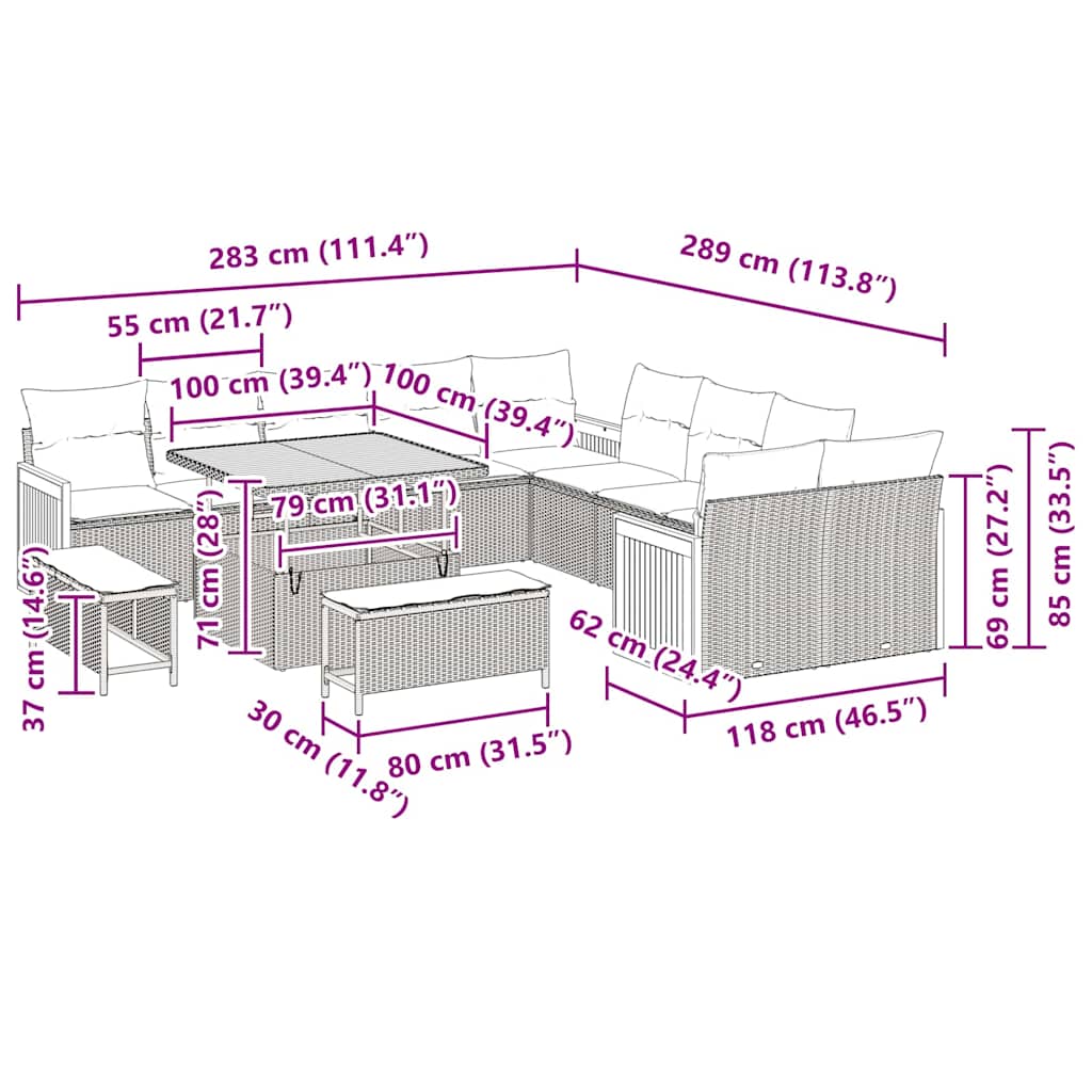 Havesofa Sæt med pude 17 pcs Beige og lys grå polyrattan