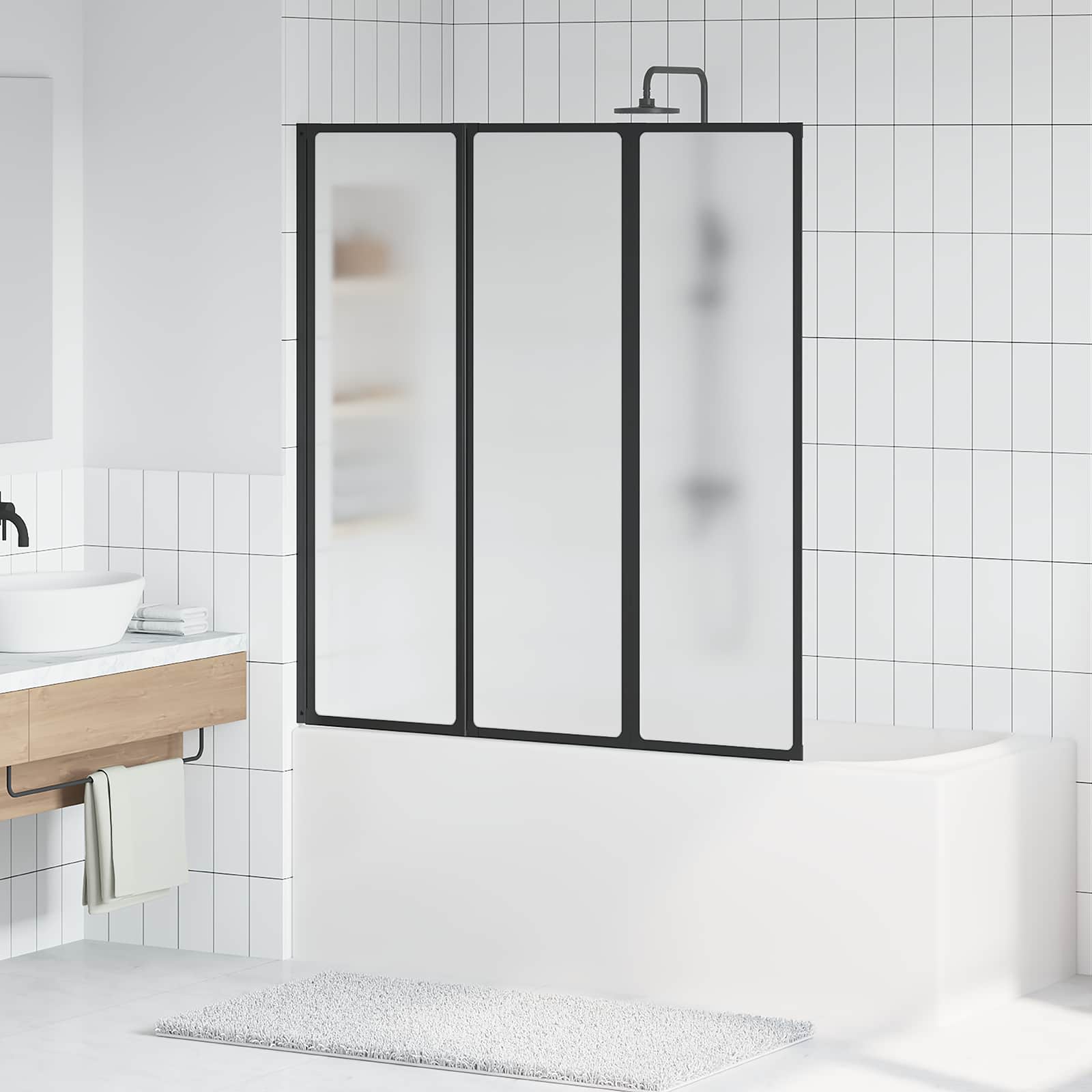 Brusevæg - sort, foldbar 3-panel, 132 × 2 × 140 cm i aluminium og PP, matteret