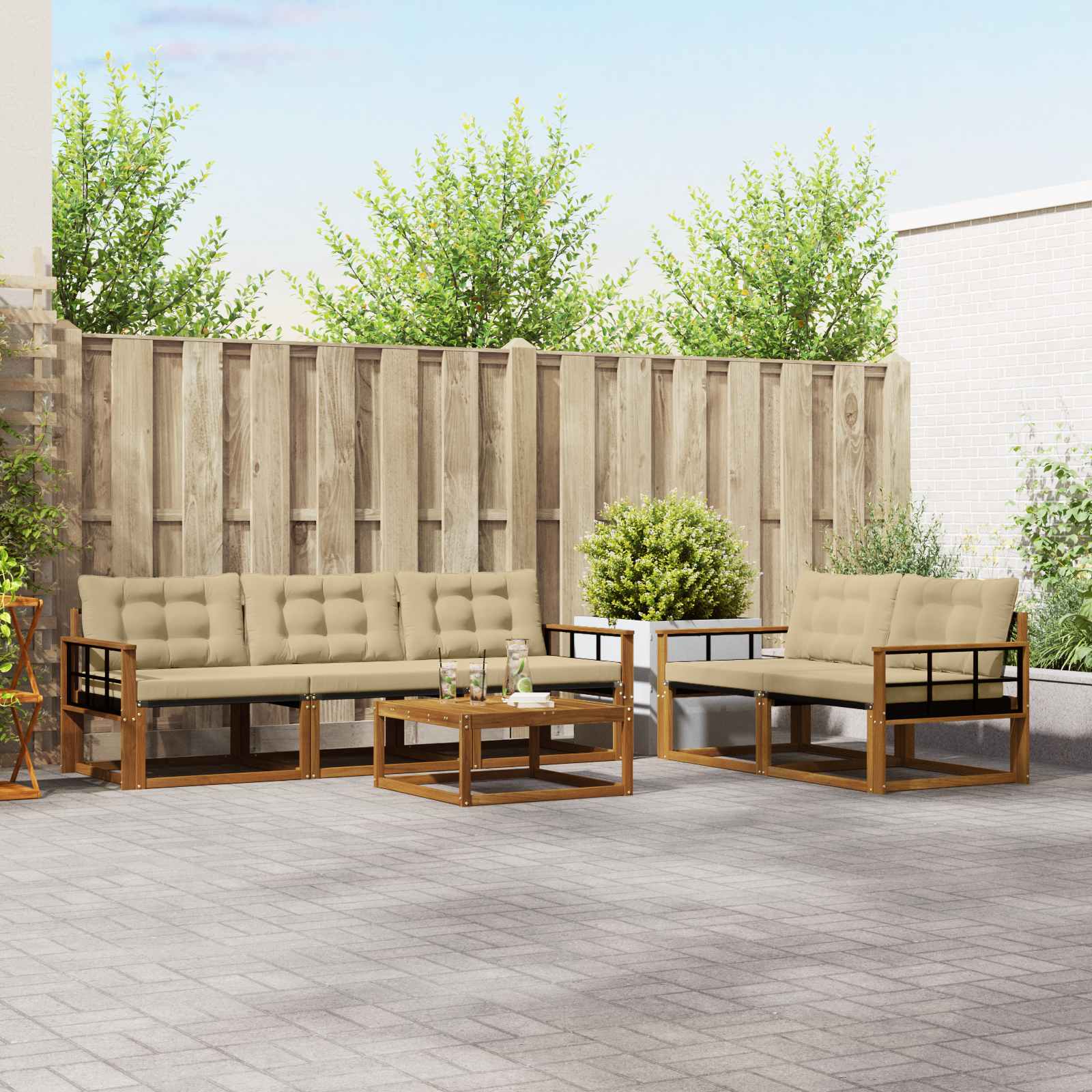 Udendørs sofagruppe med pude 6 pcs Naturlig og Beige