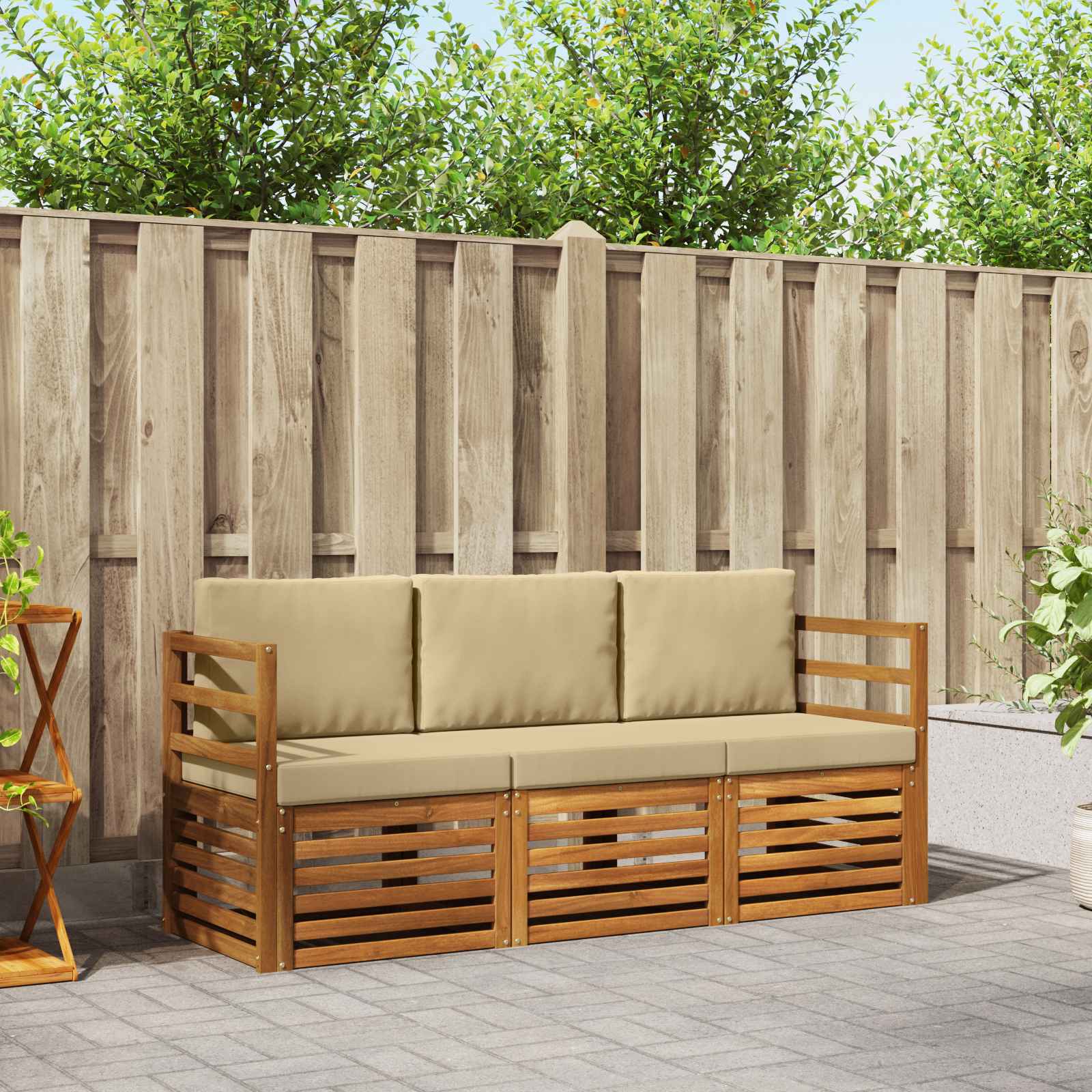 Sofasæt med pude 3 pcs Naturlig og Beige Massivt Akacietræ
