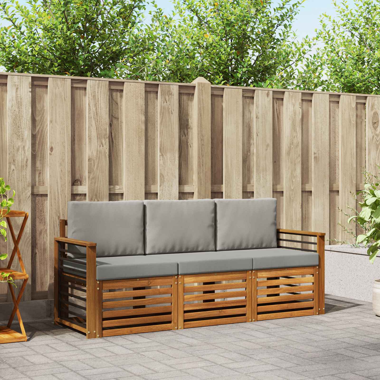 Sofasæt med pude 3 pcs Naturlig og Lys Grå Massivt Akacietræ