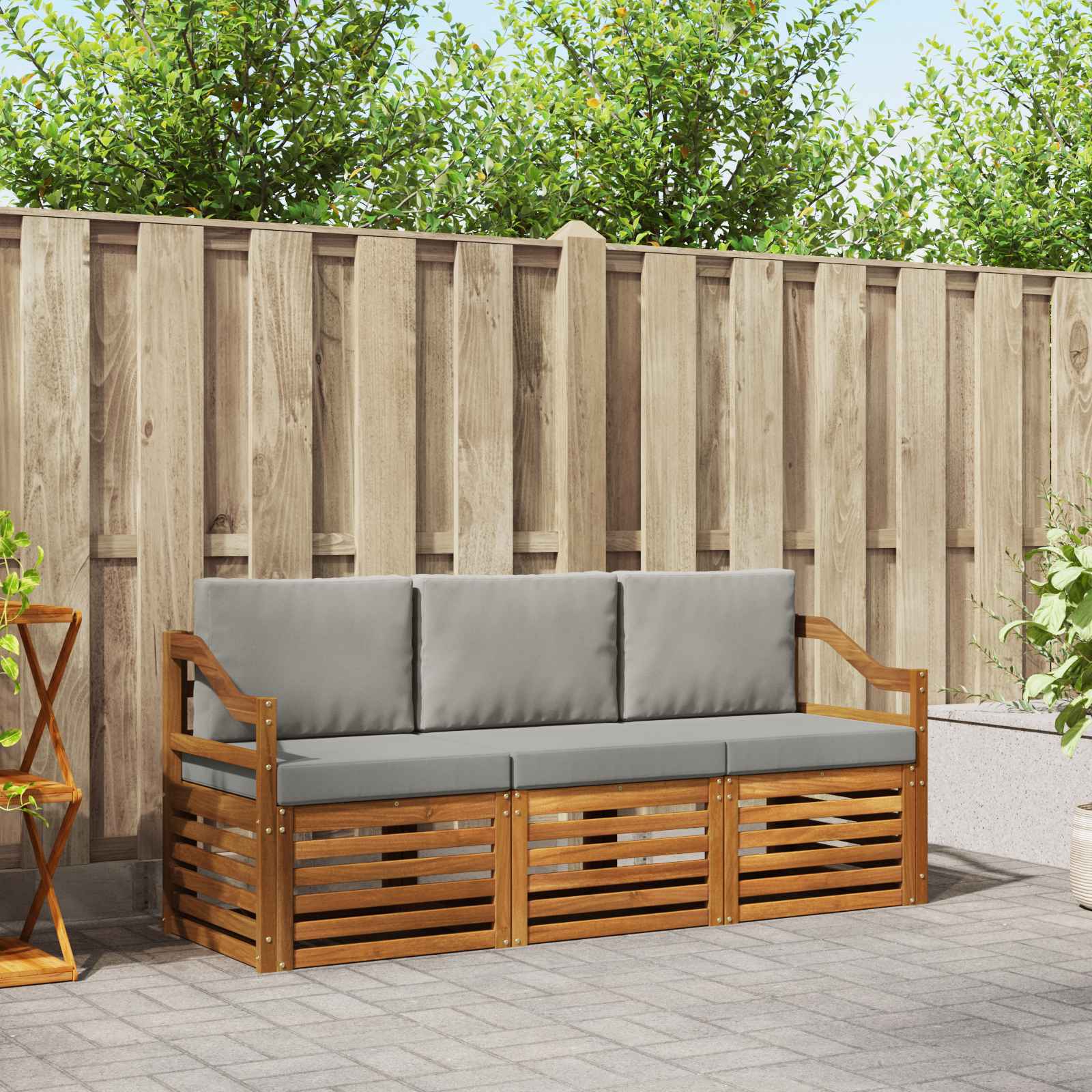 Sofasæt med pude 3 pcs Naturlig og Lys Grå Massivt Akacietræ