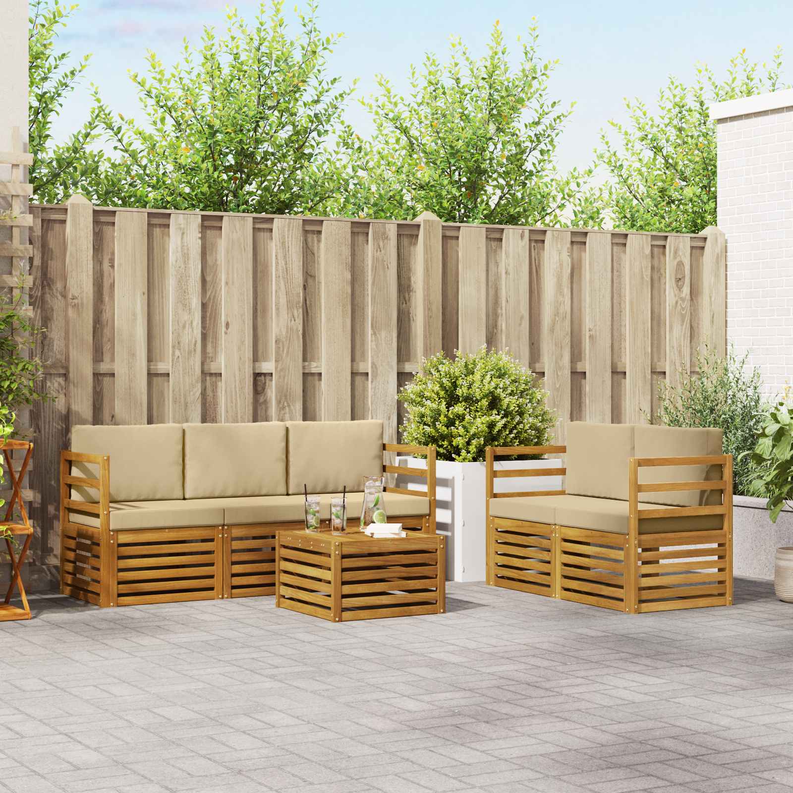 Sofasæt med pude 6 pcs Naturlig og Beige Massivt Akacietræ