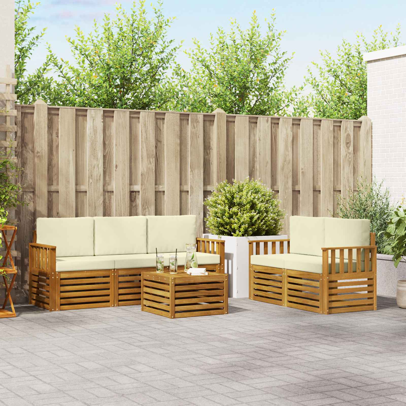 Sofasæt med pude 6 pcs Naturlig og Fløde Massivt Akacietræ