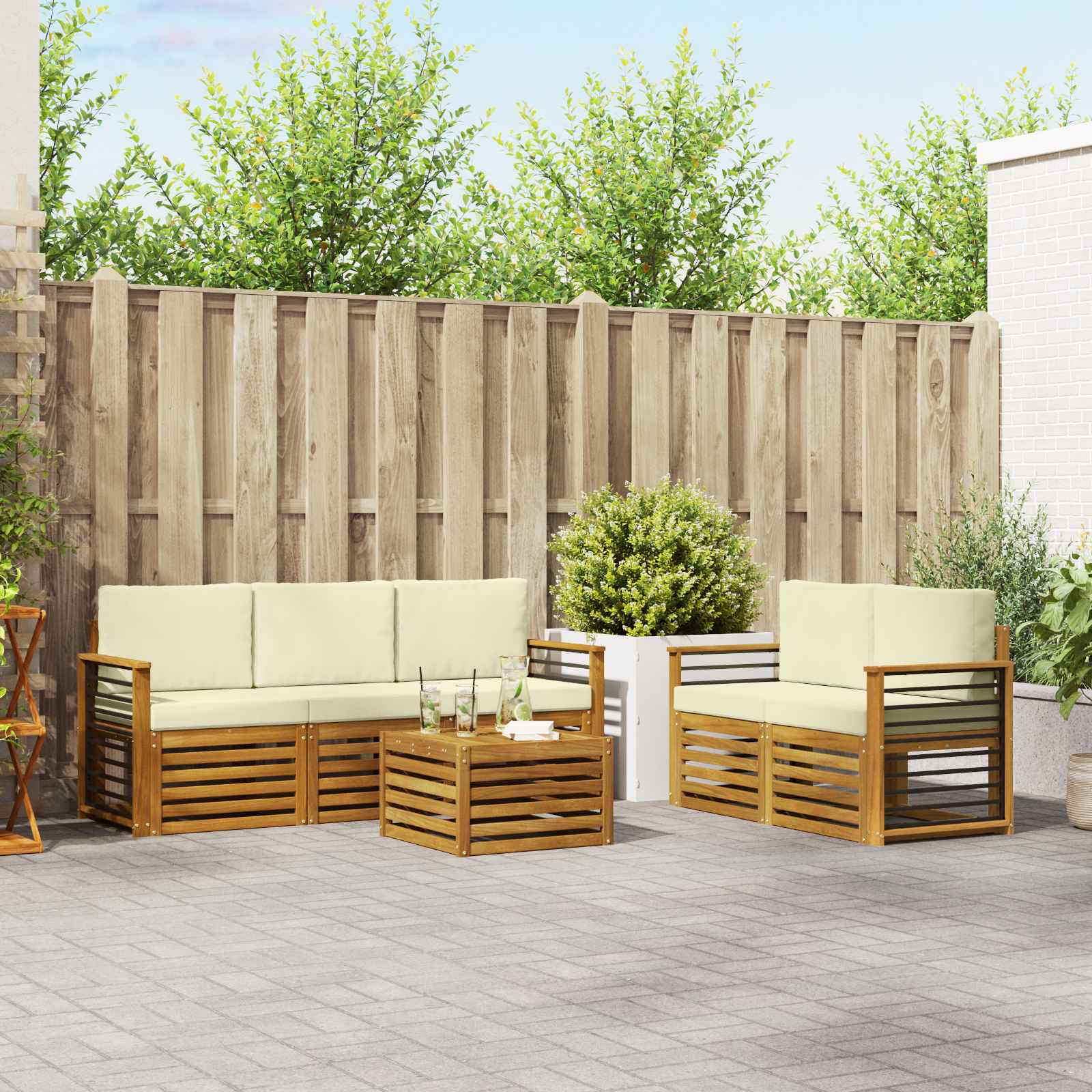 Sofasæt med pude 6 pcs Naturlig og Fløde Massivt Akacietræ