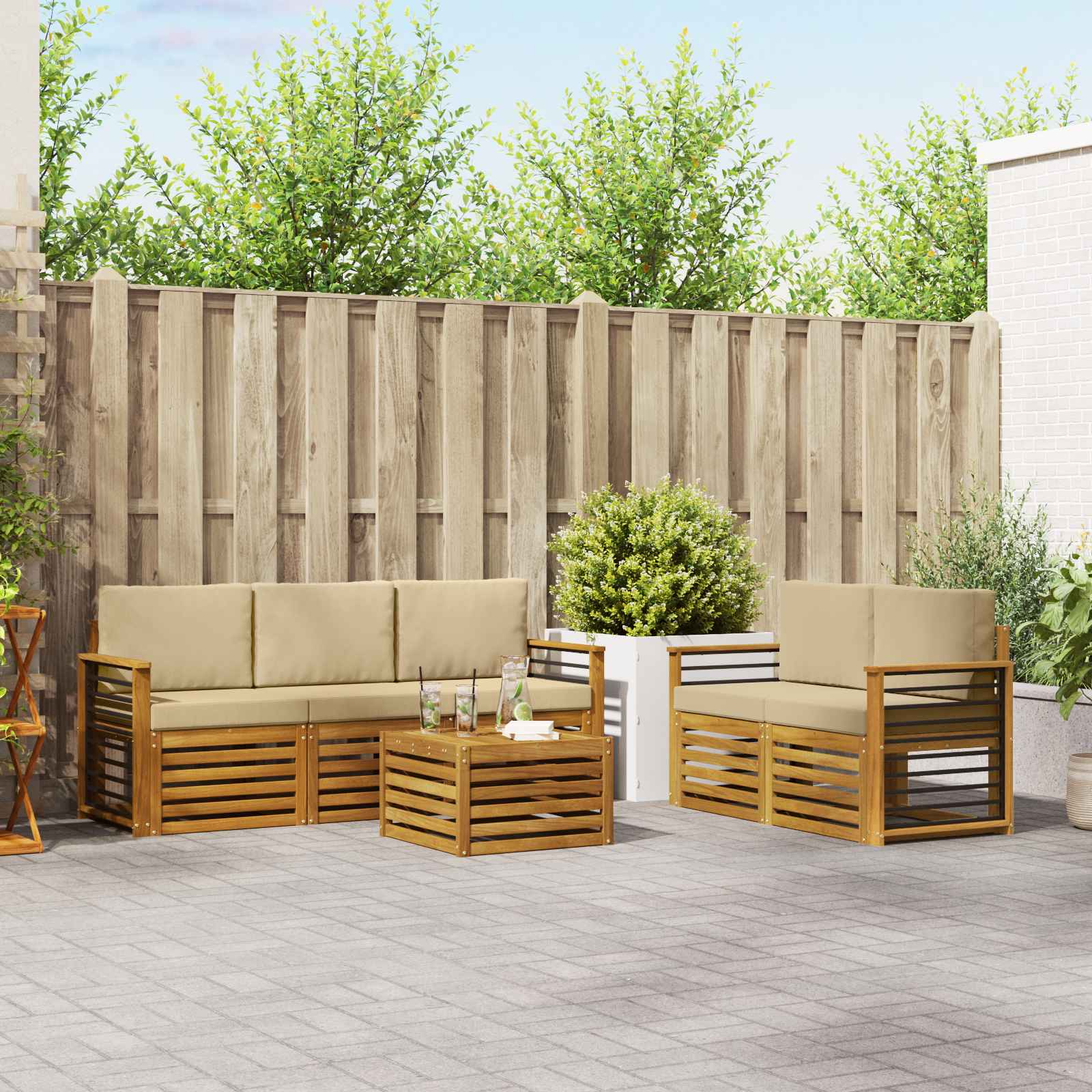 Sofasæt med pude 6 pcs Naturlig og Beige Massivt Akacietræ