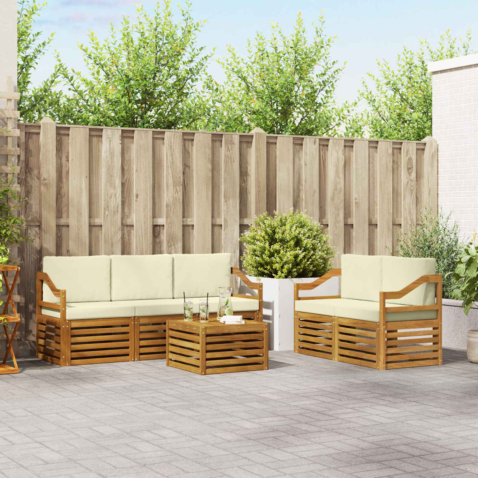 Sofasæt med pude 6 pcs Naturlig og Fløde Massivt Akacietræ