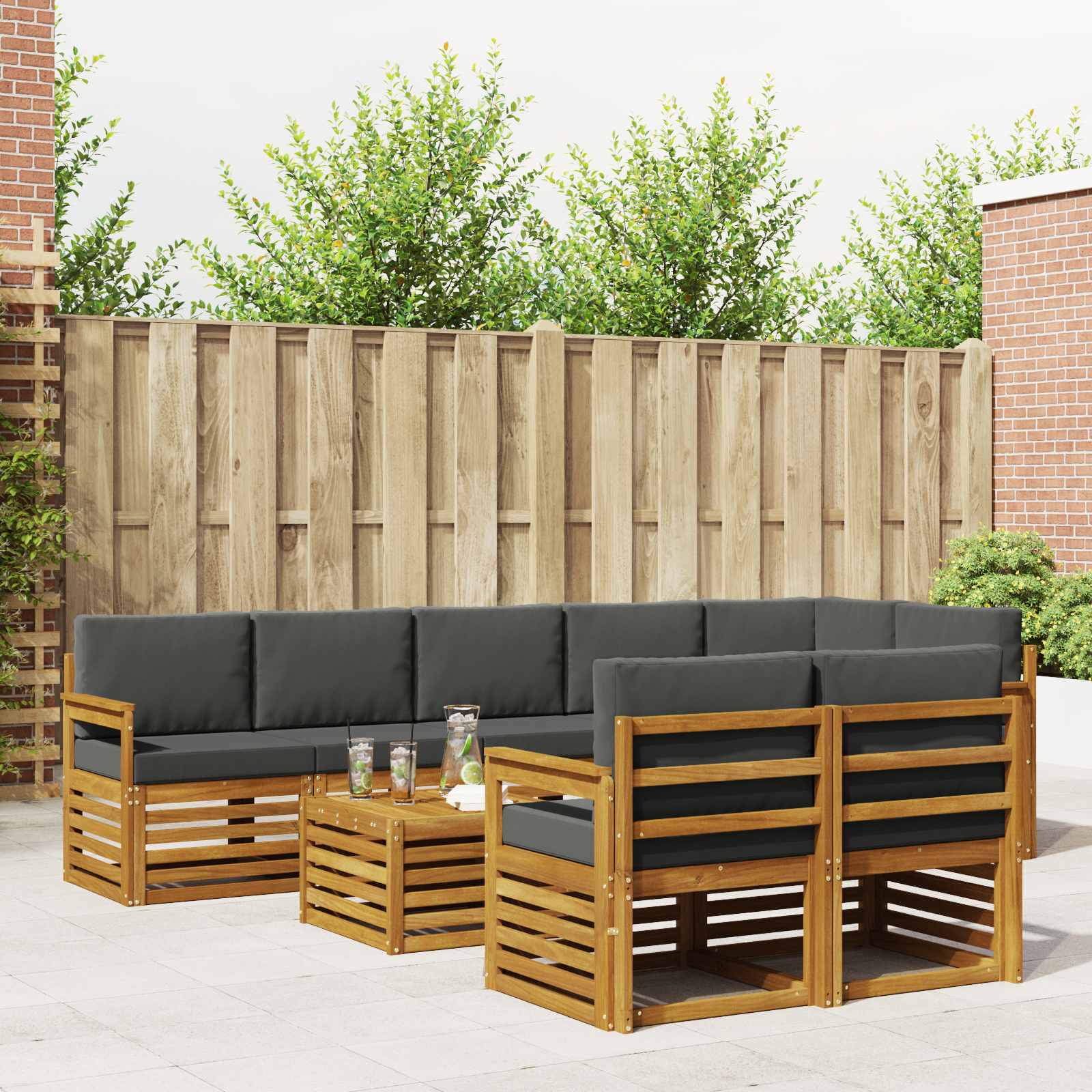 Sofasæt med pude 9 pcs Naturlig og Antracit Massivt Akacietræ