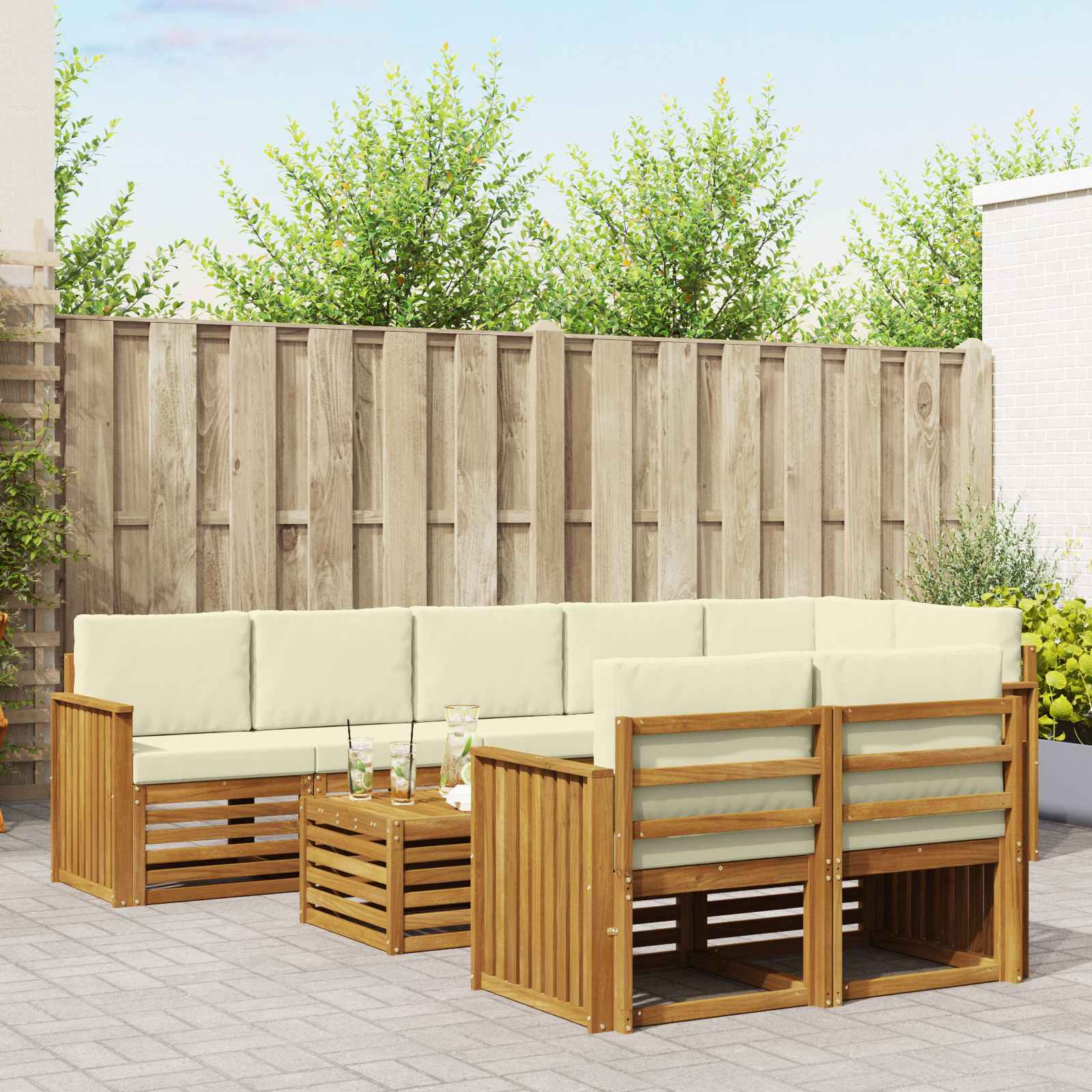 Sofasæt med pude 9 pcs Naturlig og Fløde Massivt Akacietræ