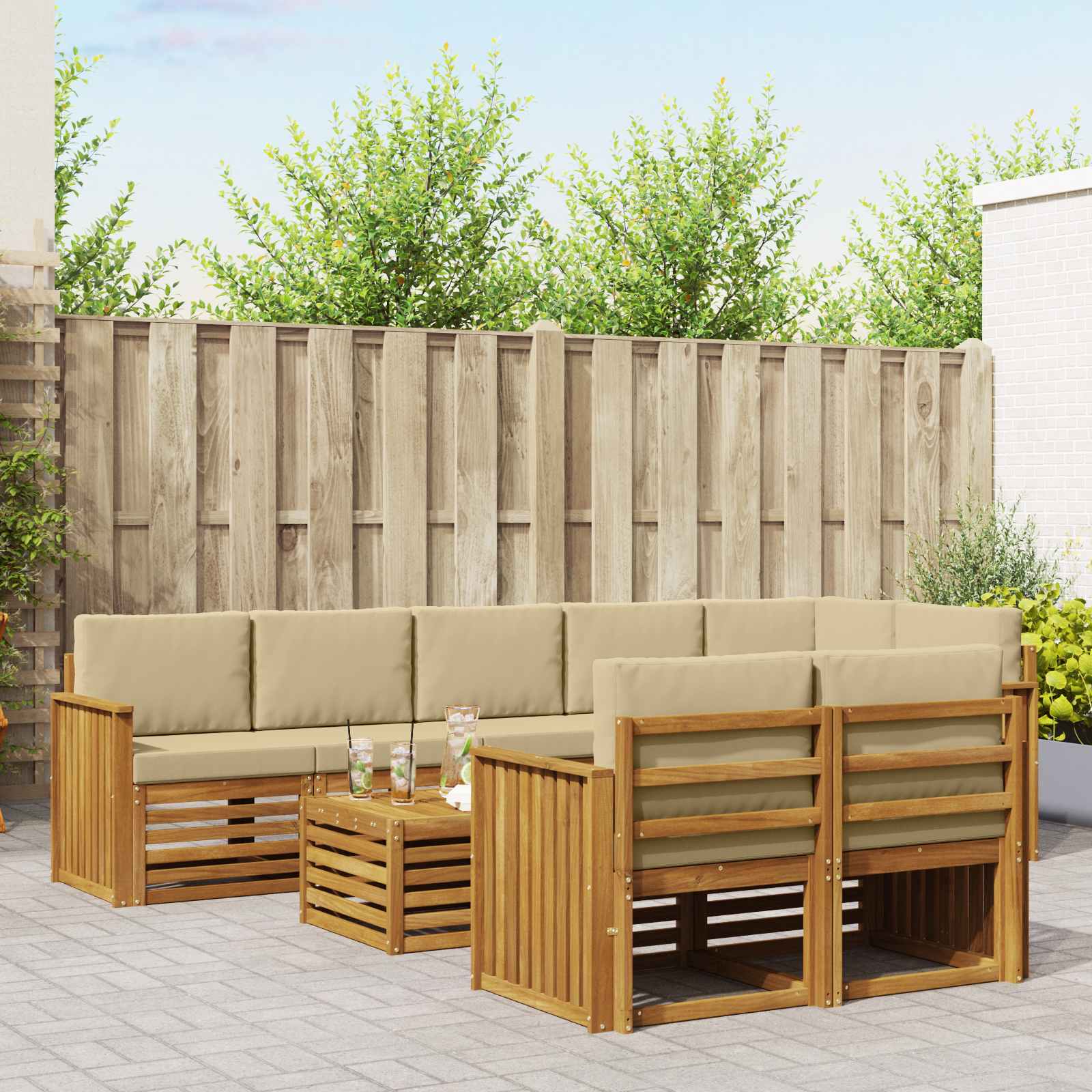 Sofasæt med pude 9 pcs Naturlig og Beige Massivt Akacietræ