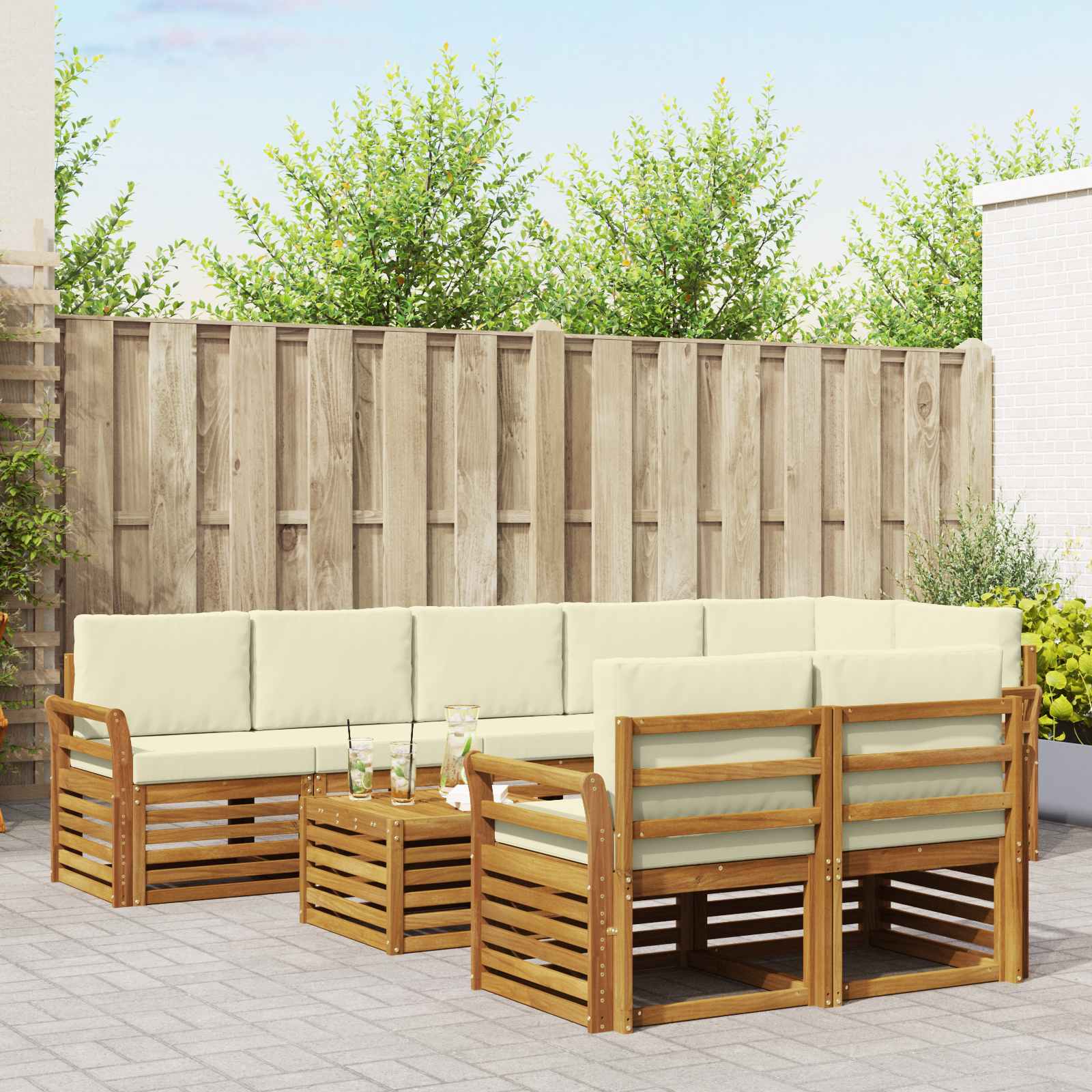 Sofasæt med pude 9 pcs Naturlig og Fløde Massivt Akacietræ