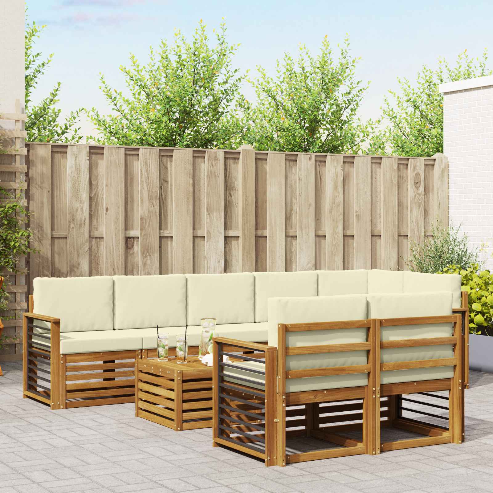 Sofasæt med pude 9 pcs Naturlig og Fløde Massivt Akacietræ