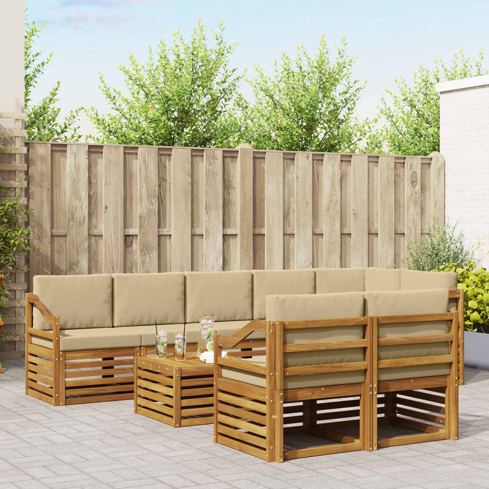 Sofasæt med pude 9 pcs Naturlig og Beige Massivt Akacietræ