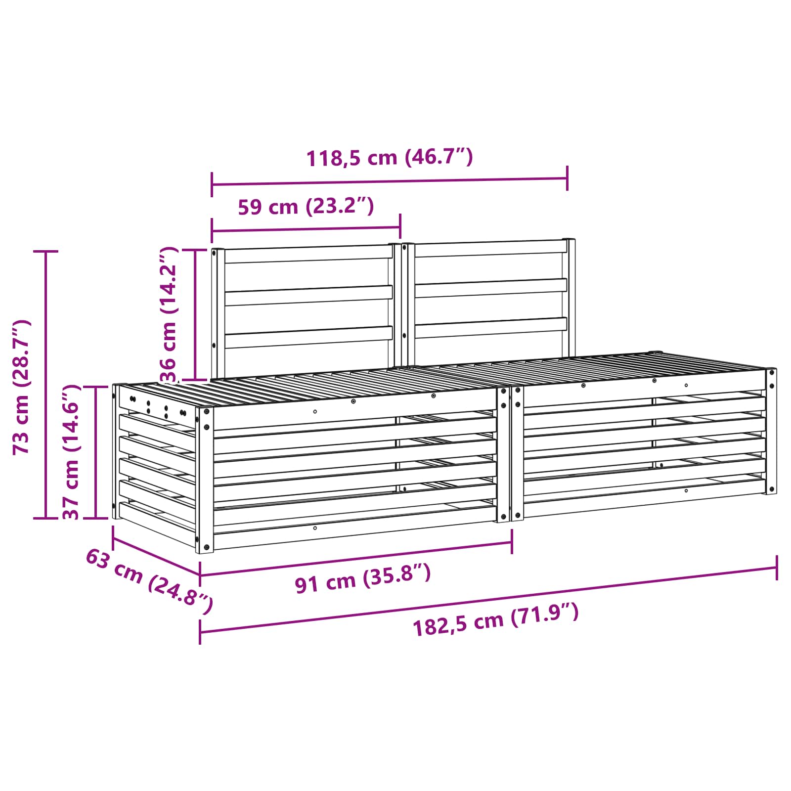 Udendørs sofagruppe 2 Stk Naturfarvet 182,5 x 63 x 73 cm