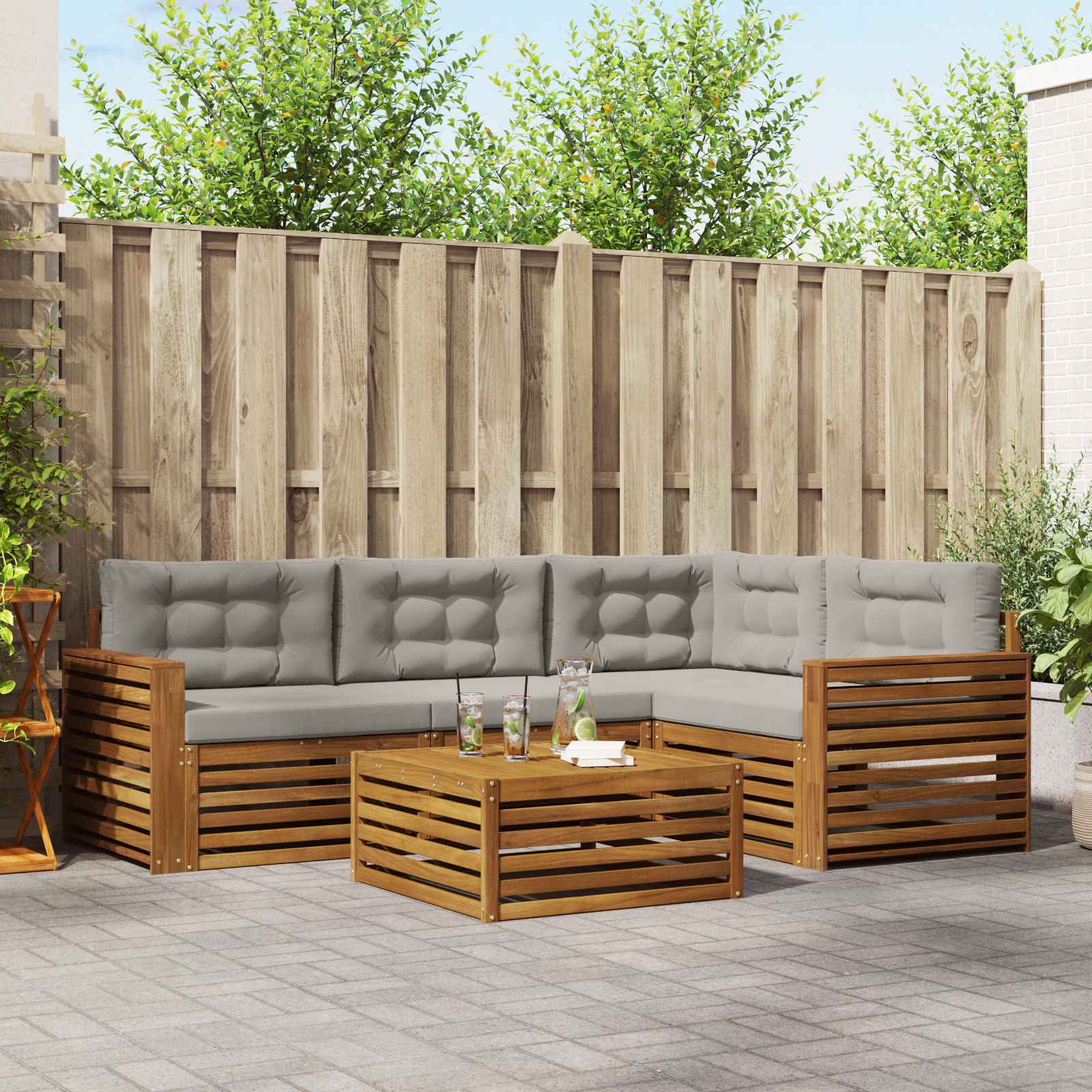 Udendørs sofagruppe 5 pcs Naturlig og Lys Grå Massivt Akacietræ