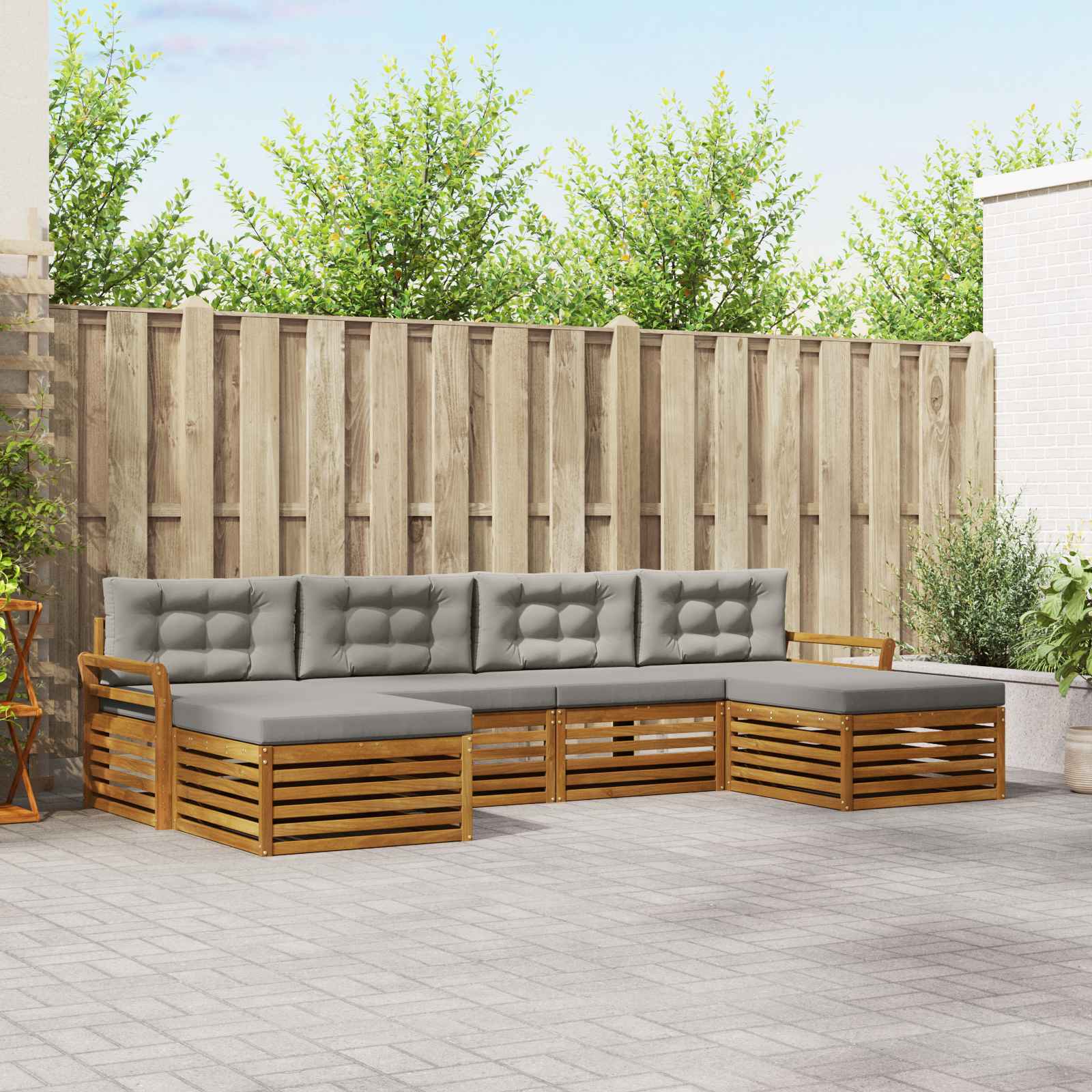 Sofasæt med pude 6 pcs Naturlig og Lys Grå Massivt Akacietræ