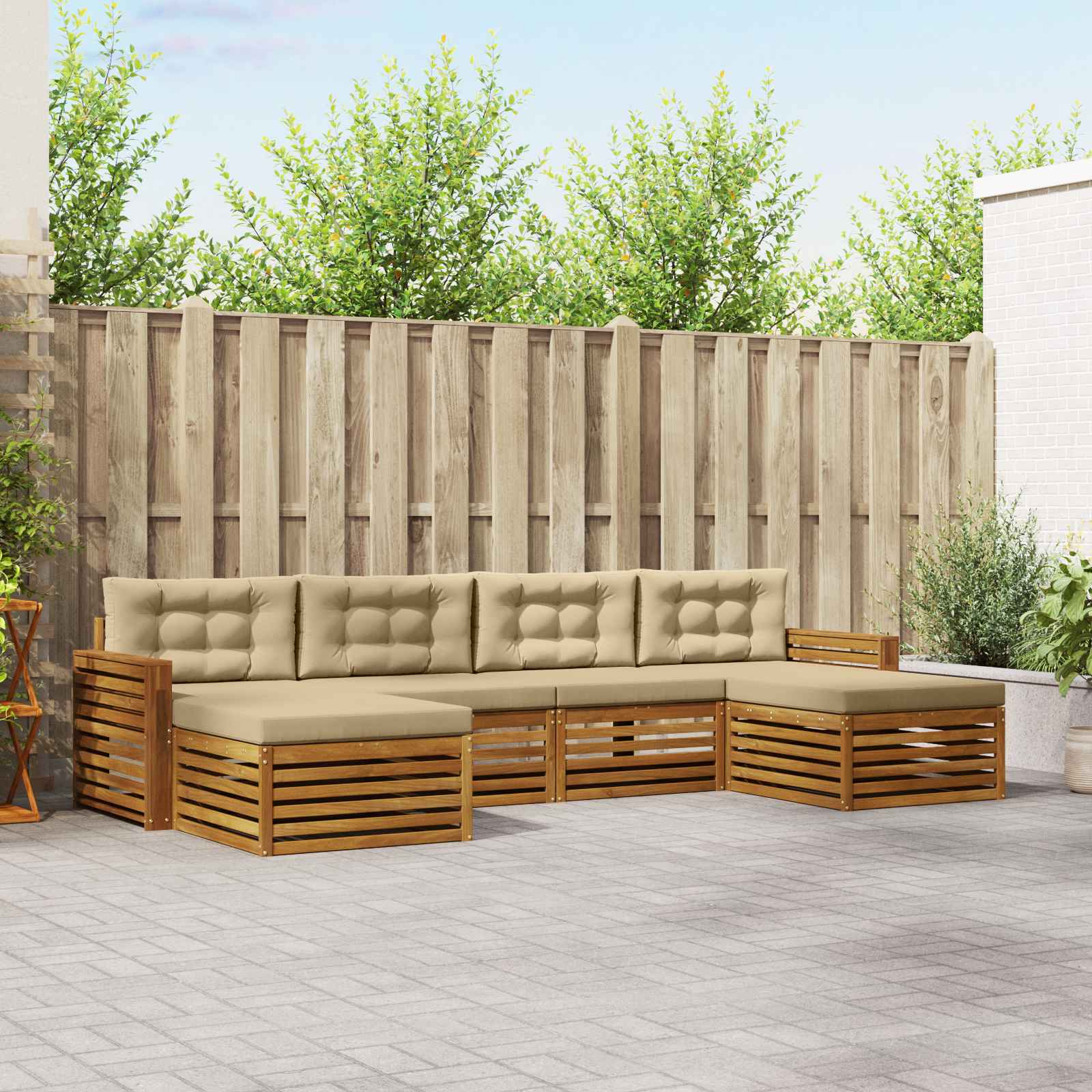 Sofasæt med pude 6 pcs Naturlig og Beige Massivt Akacietræ