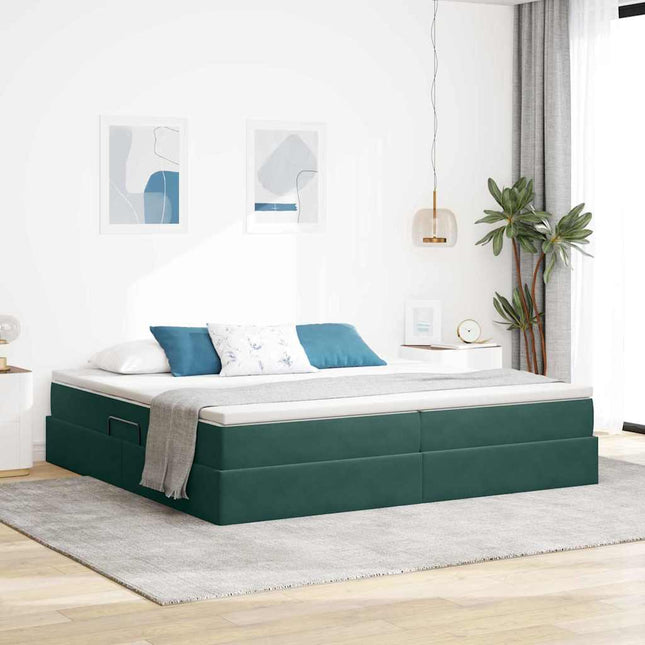 Seng med opbevaring og madras Mørkegrøn 200 x 200 cm Fløjl