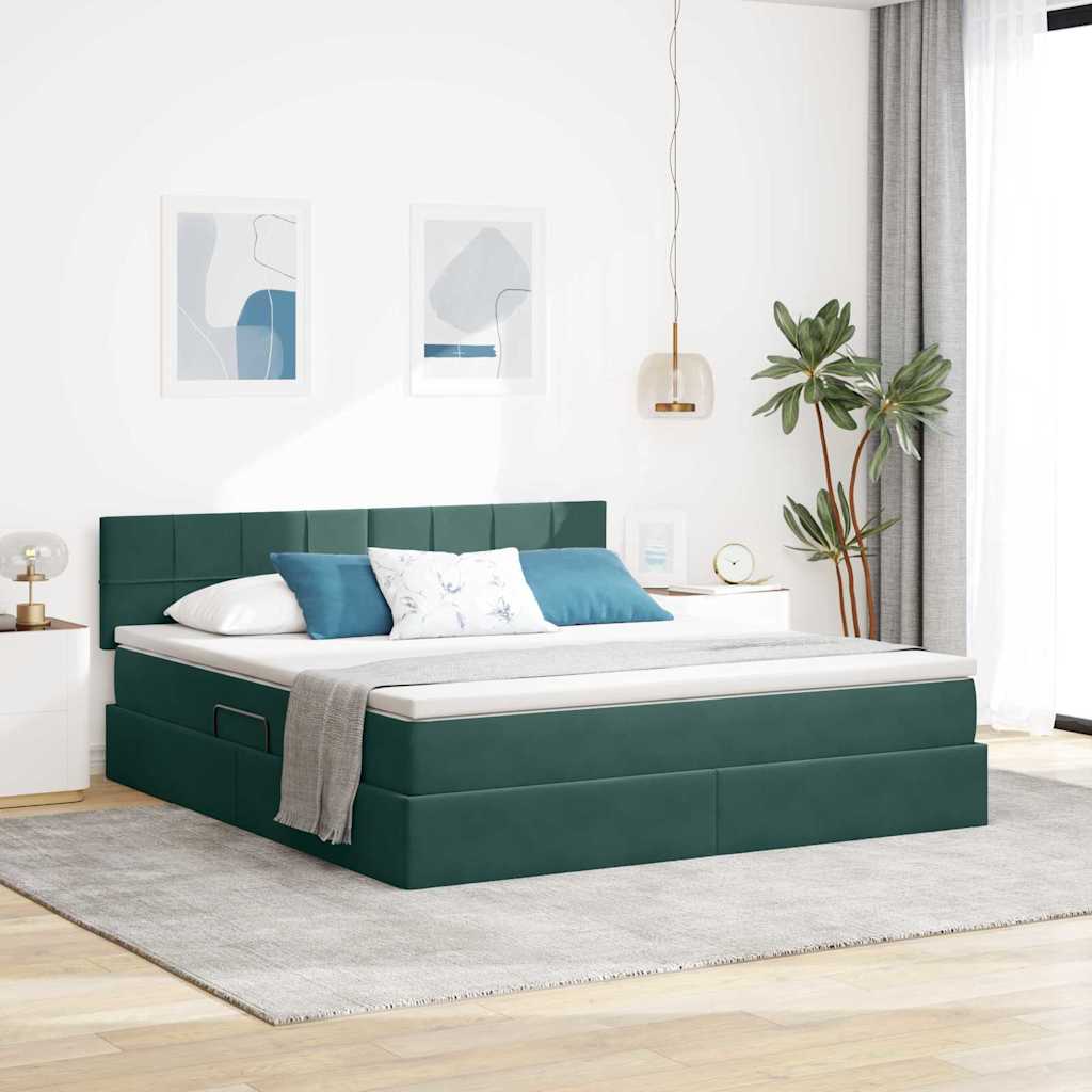 Opbevaringsseng med madras Mørkegrøn 160 x 200 cm Fløjl