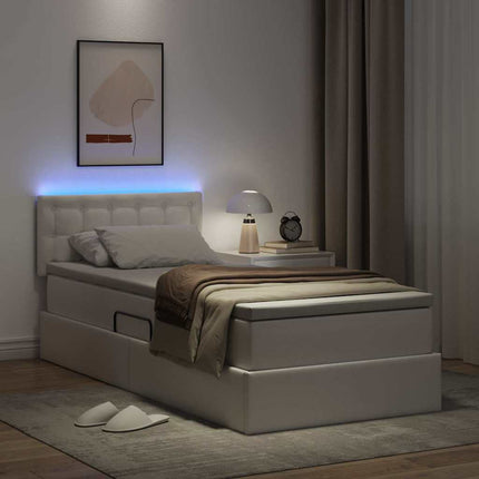 Seng med opbevaring og LED Ren Hvid 90 x 190 cm Faux læder