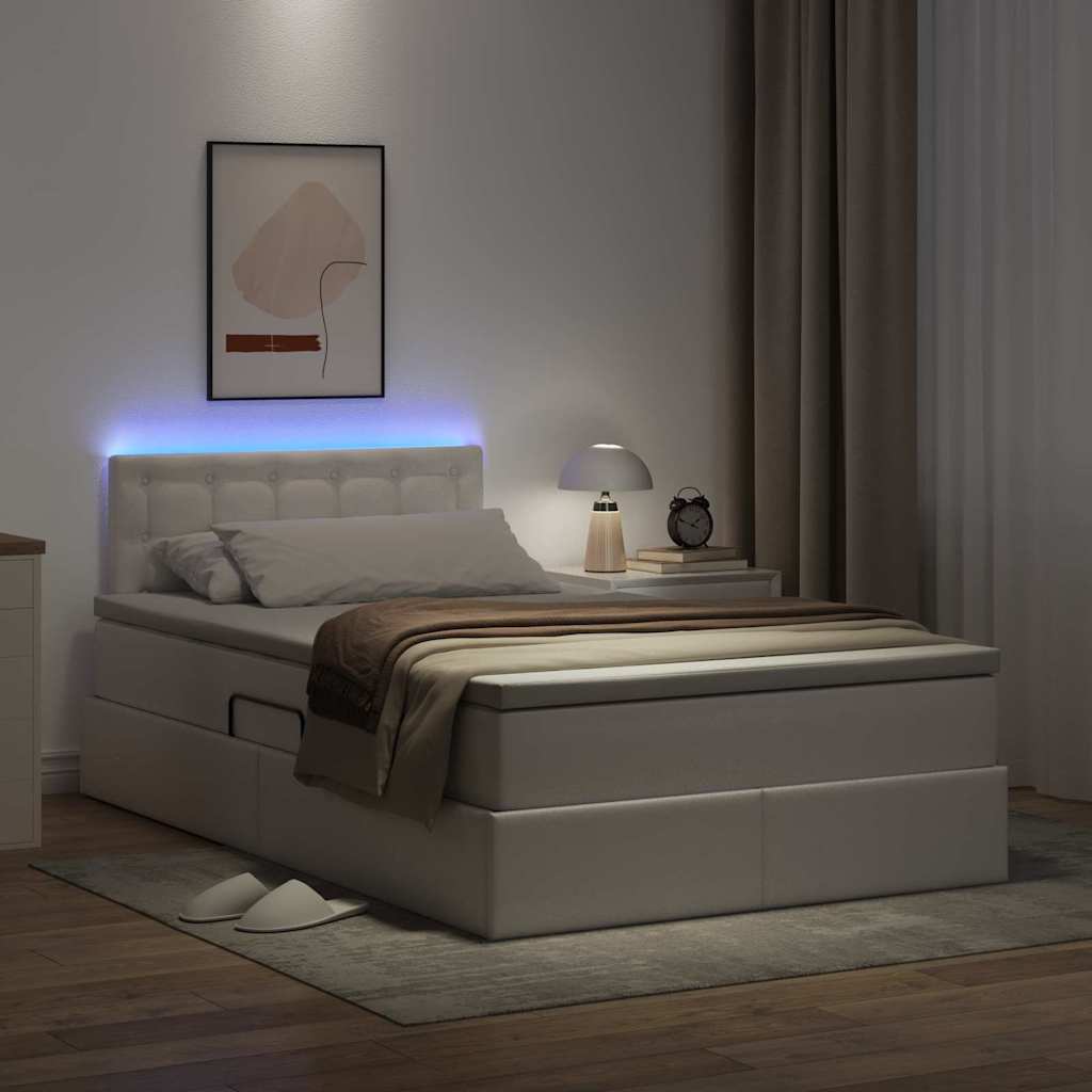 Seng med opbevaring og LED Ren Hvid 120 x 200 cm Faux læder
