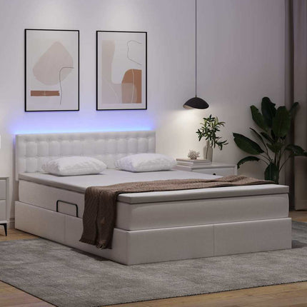 Seng med opbevaring og LED Ren Hvid 140 x 190 cm Faux læder