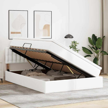 Seng med opbevaring og LED Ren Hvid 140 x 190 cm Faux læder