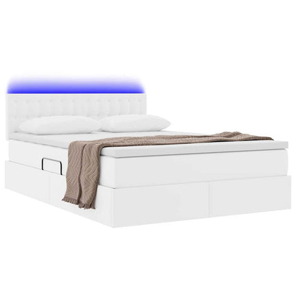 Seng med opbevaring og LED Ren Hvid 140 x 190 cm Faux læder