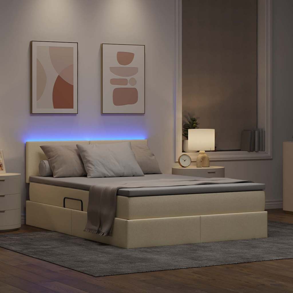LED opbevarings seng med madras Creme 140 x 190 cm Stof