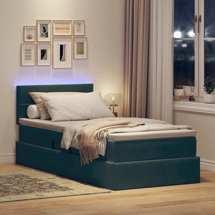 LED opbevarings seng med madras Mørkegrøn 90 x 190 cm Fløjl