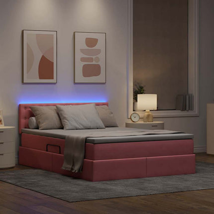 LED opbevarings seng med madras Lyserød 140 x 190 cm Fløjl
