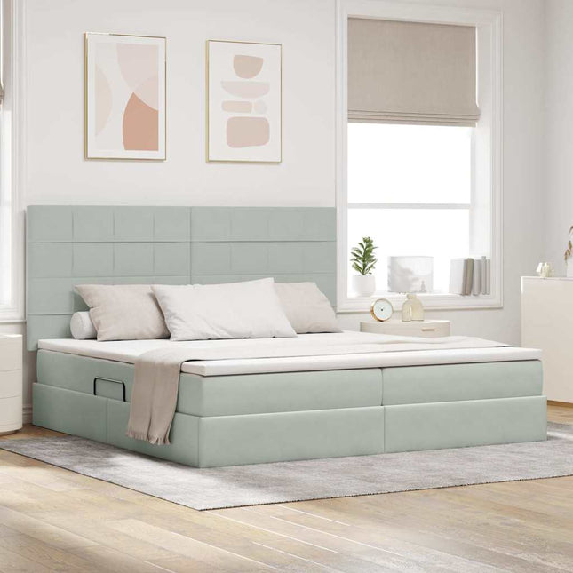 Seng med opbevaring og madras Lysegrå 200 x 200 cm Fløjl