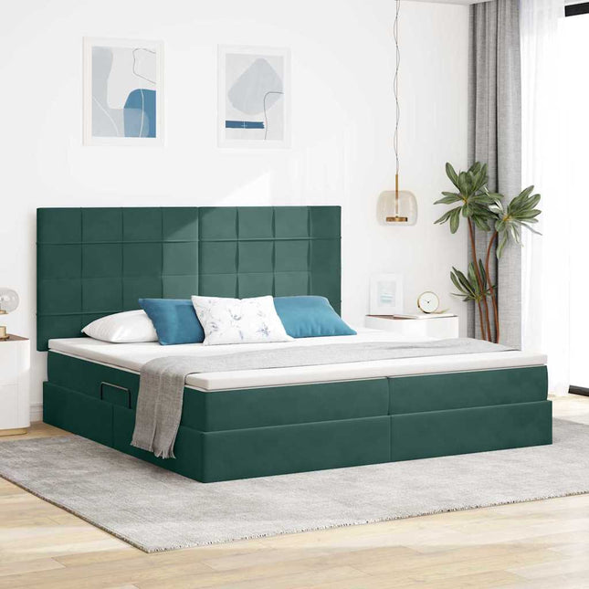 Seng med opbevaring og madras Mørkegrøn 200 x 200 cm Fløjl