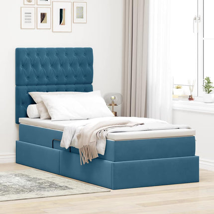 Seng med opbevaring og madras Mørk blå 90 x 200 cm Fløjl