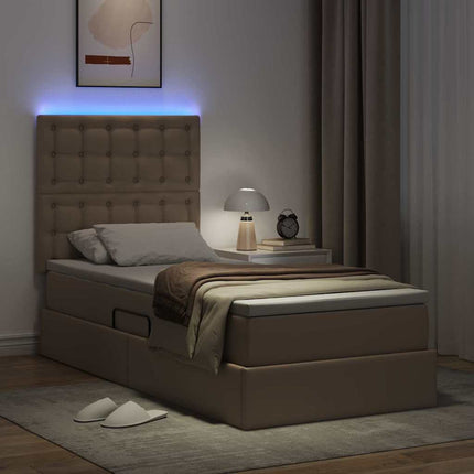 Seng med opbevaring og LED Cappuccino 100 x 200 cm Faux læder