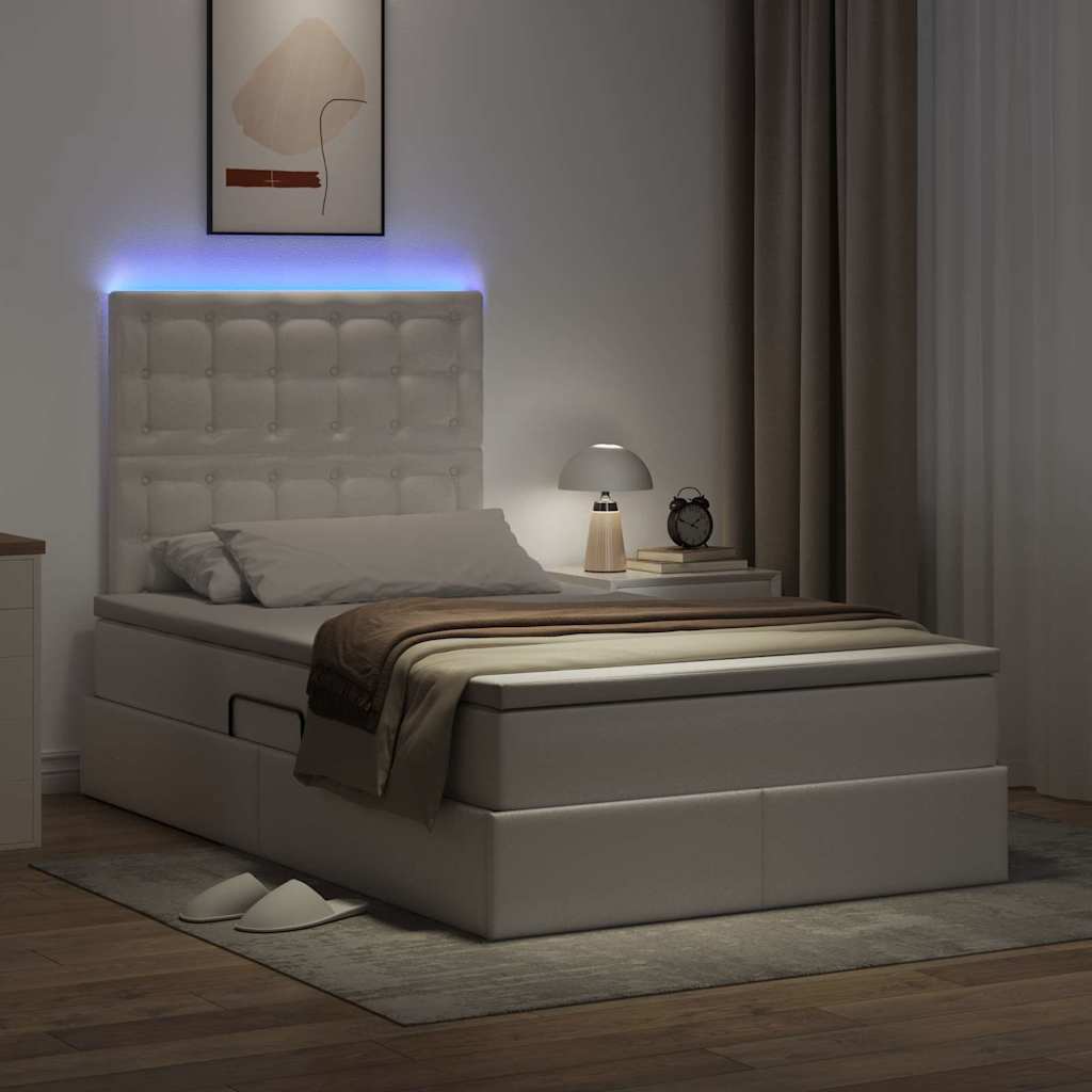 Seng med opbevaring og LED Ren Hvid 120 x 200 cm Faux læder