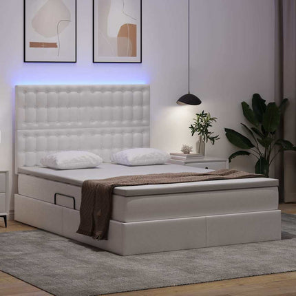 Seng med opbevaring og LED Ren Hvid 140 x 190 cm Faux læder