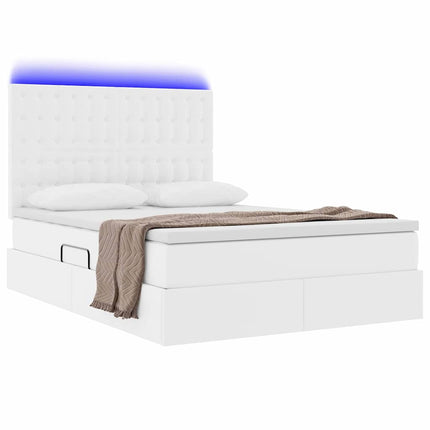 Seng med opbevaring og LED Ren Hvid 140 x 190 cm Faux læder