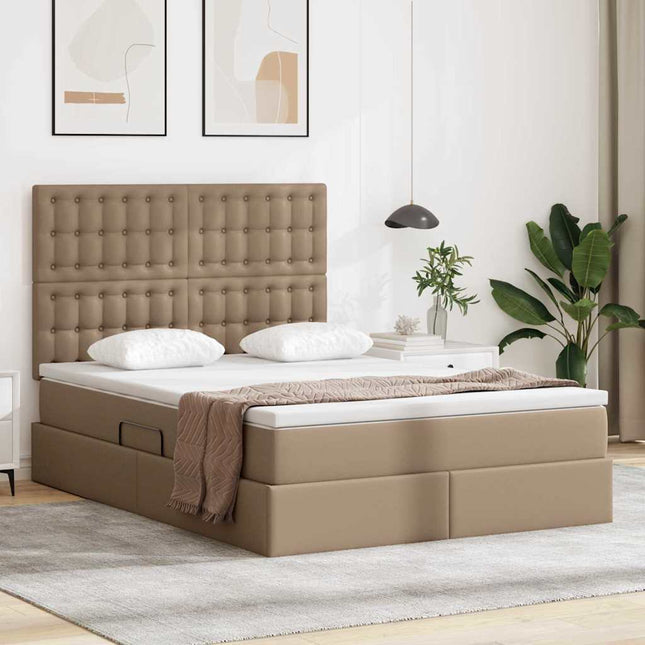 Seng med opbevaring og LED Cappuccino 140 x 190 cm Faux læder